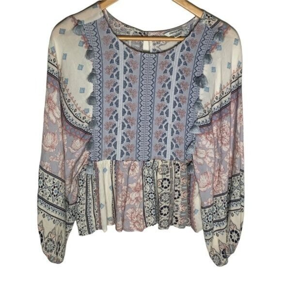 American Eagle XS Boho Floral Patchwork Peasant Blouse Long Sleeve - Picture 1 of 12